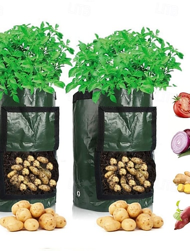  2er-Pack Gemüsepflanzbeutel aus PE-Behälter, 10 Gallonen, Kartoffelpflanzbeutel mit Klappe und Griffen, Pflanztöpfe für Zwiebeln, Obst, Tomaten, Karotten