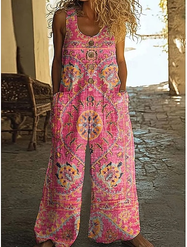  Damen Overall Aktiv Grafik Ärmellos Weites Bein Rundhals Patchwork Täglich Urlaub Lässiger Schnitt Blau Rosa Sommer