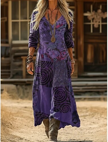  Naisten Maksimekko Boho-mekko Vintage mekko Rento mekko Vintage Päivittäin ulko- Loma Normaali Kukka Pitkähihainen V kaula-aukko Musta Armeijan vihreä Laivaston sininen Purppura Kevät Syksy