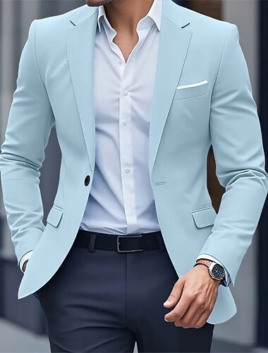  Per uomo Blazer Affari Cocktail party Ricevimento di matrimonio Moda Casual Primavera Autunno Poliestere Semplice Tasca Bottoni Confortevole Monopetto Giacca Nero Blu marino Azzurro cielo
