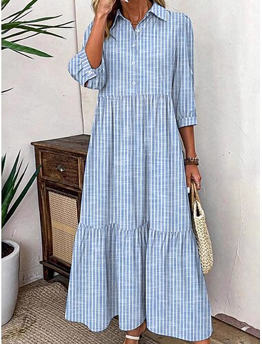  Per donna Abito maxi Abito Camicia Vestito Casual Elegante Moda Moderno All'aperto Vacanza Uscire Vestibilità regolare A righe Manica 3/4 Colletto a Camicia Blu Estate Primavera