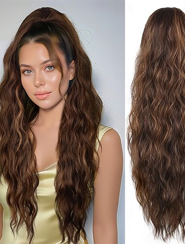  وصلة شعر ذيل حصان برباط بطول 26 بوصة، وصلات شعر ذيل حصان طويلة ومموجة للنساء - وصلة شعر صناعية للاستخدام اليومي (بني شوكولاتة مع خصلات شقراء عسلية) 26 بوصة