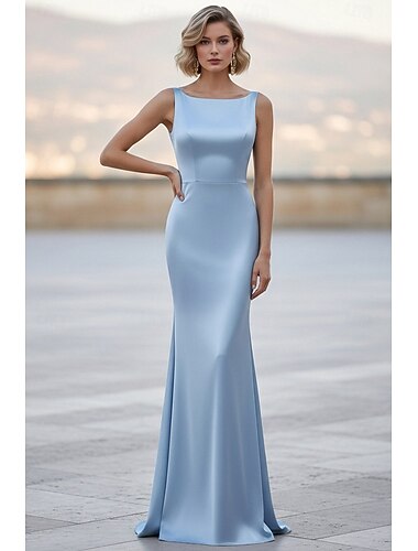  בתולת ים  חצוצרה שובל סוויפ בראש שמלה רשמית שמלת ערב שמלות ערב אלגנטית ללא שרוולים סירה רחב רשמי אורחת חתונה סאטן ללא גב עם צבע אחיד