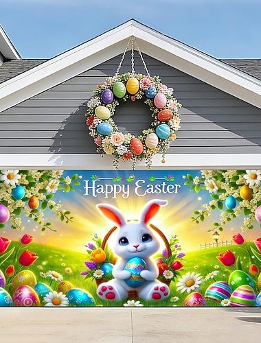  Fröhliche Ostern! Garagentorbanner mit Hase und bunten Eiern – religiöse Osterdekoration für den Außenbereich zur Osterfeier mit der Familie.