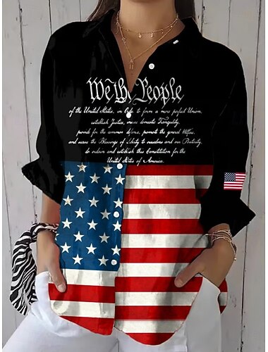  Giorno dell'Indipendenza Americana Per donna Camicia Arricciato Floreale Grafico Bandiera Vintage Elegante Manica Lunga Manica a Volant Manica a Campana Colletto a Camicia Top Regolari Quotidiano