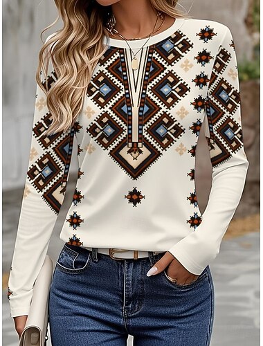  Dame T skjorte Trykt mønster Grafisk Paisly Elegant Mote Stilfull Langermet Crew-hals Vanlige topper Daglig Helg Beige Sommer Vår