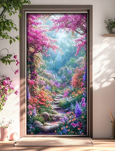  Habillage de porte « jardin fleuri de rêve », impression 2D représentant un chemin floral vibrant et des cerisiers en fleurs, décoration élégante pour la maison, idéal pour décorer une porte d'entrée