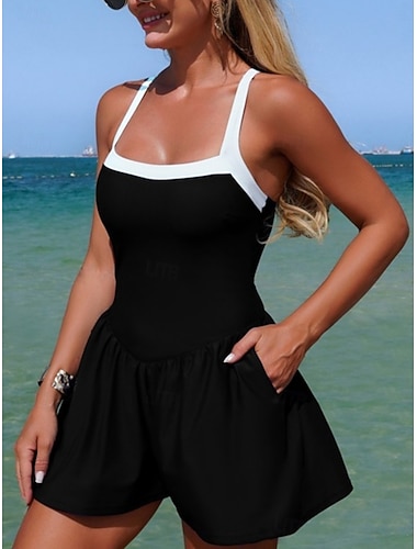  Damen Badeanzug Einteiler Badeanzugkleid Bademode Bauchkontrolle Hohe Taille Schlank Rückenfrei Urlaub Strandbekleidung Einfarbig Neckholder Ärmellos Badeanzüge