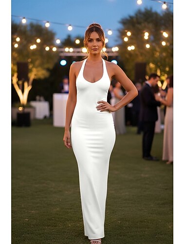  Schlauchkleid Bodenlang Weißes Kleid Midi-Kleid Kleines weißes Kleid Elegant Offener Rücken Ärmellos Neckholder Abendgesellschaft Hochzeit Stretch-Crêpe Rückenfrei mit Schleife(n) Gerafft