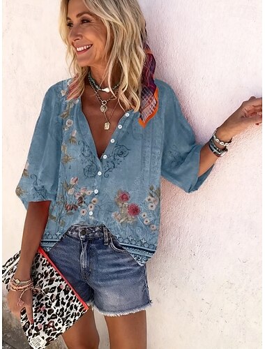  Dames Overhemd Afdrukken Ombre Bloemig Grafisch Bohemen Vintage Dagelijks 3/4 mouw V-hals Normale tops Dagelijks Feestdagen Strand Kleding blauw Grasgroen Blozend Roze Marine Blauw Paars Zomer Lente