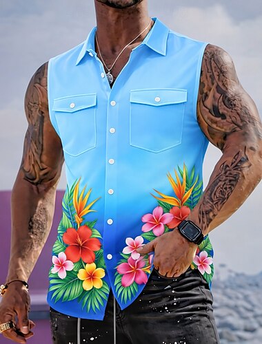  Homme Imprimé Floral Fleurs tropicales Dégradé de Couleur Chemise Chemise hawaïenne Chemise Aloha Sans manches Resort Vacances à la Plage Été Printemps Col Rabattu Impression 3D Deux poches avant