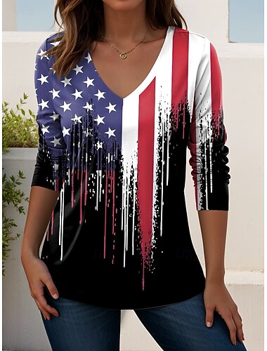  Onafhankelijkheidsdag Patriottische Dames T-shirt Print Grafisch Amerikaanse Vlag Vintage Stijlvol Klassiek Lange Mouwen V-hals Regulair Tops Dagelijks Weekend Zwart Rood Rood  Blauw Zomer Lente