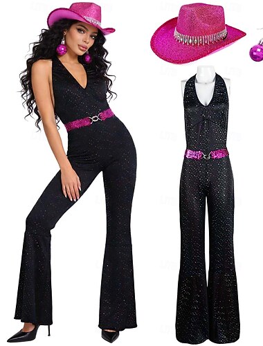  Retro vintage Jaren '70 Glamrock Jumpsuit Cowboyhoed Schijf Kostuum Dames Halloween Carnaval muziekfestival Retro themafeest Volwassenen Kostuum