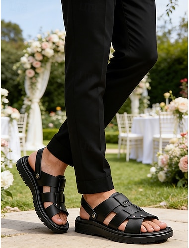  Herresandaler med bryllup, elegant svart kunstskinn, spennestropp, ideell for brudgommer og bryllupsgjester
