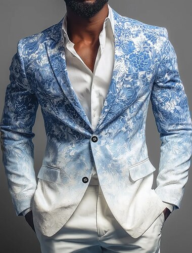  Herren Blumendruck Blazerjacke Mantel Bequem Atmungsaktiv Künstlerisch Lässig Täglich Formell Party-Abendmode 3D-Druck Knöpfe Mehrere Taschen Frühling Herbst Winter Fallendes Revers Langarm Blau