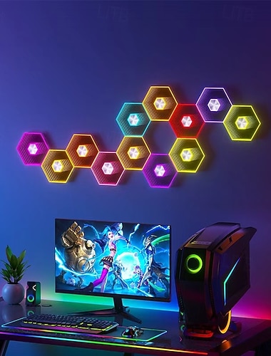  6/8/10/12/24 stk. sekskantede bikakelys, lydaktiverte LED-veggpaneler, gjør-det-selv modulært RGB-lys, Bluetooth-appkontroll, spillrom, soverom, stueinnredning, USB-drevet