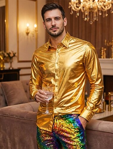  Retro / vintage 80-talet Glansig Metall Skjorta Disk Ensfärgat Nedvikt Maskeradkläder Herr Karnevalsdräkt Karnival Nattklubb Prestanda Prideparad Vuxna Skjorta Alla årstider