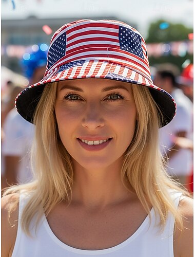  Verenigde Staten 250e Verjaardag Dames Polyester Bucket Hat met USA Vlag Print Perfect voor de VS Onafhankelijkheidsdag  Casual Dagelijkse Draag