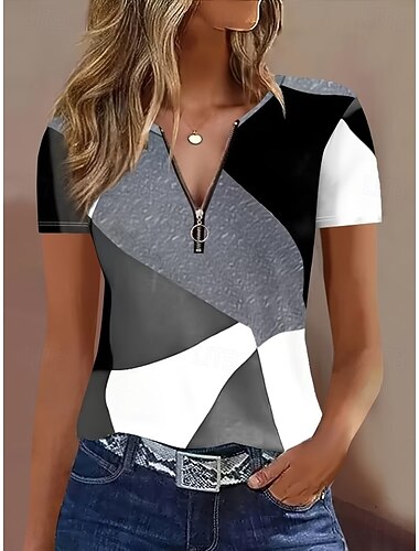  Per donna Maglietta Cerniera Zip a un quarto Grafico Geometrico Astratto Vintage Tropicale Hawaiano Manica Corta Girocollo Top Regolari Matrimonio in Spiaggia Quotidiano Sportivo Blu Nero Rosa Rosso