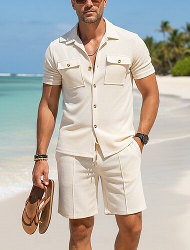  Homme Deux pièces Ensemble Chemise Ensemble été Et Set Uni Occasionnel Quotidien Vacances Col Manche Courte Pantalon Court Été Mode Occasionnel Confortable Vêtement Tenue