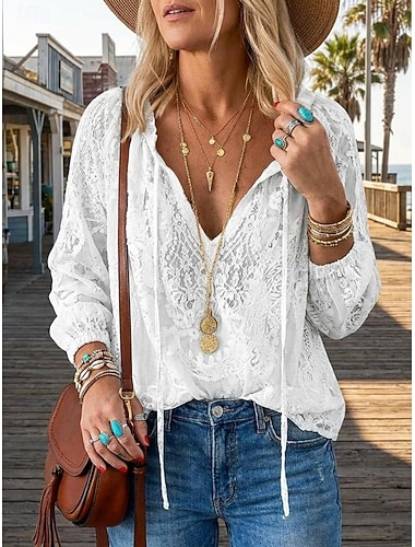  Chemisier bohème en dentelle pour femme, col en V, manches longues, patchwork décontracté, couleur unie blanche, idéal pour le printemps et l'été