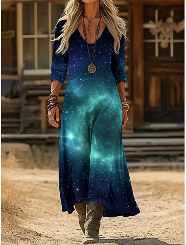  Dames Maxi-jurk Vintage Jurk Casual jurk Vintage Dagelijks Buiten Vakantie Normale pasvorm Heelal Lange mouw V-hals blauw Lente Herfst