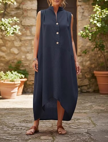  فستان ميدي نسائي من القطن والكتان، فستان قصير، فستان مكشوف الظهر، فستان رياضي، فستان مناسب للعطلات، فستان كاجوال يومي، فستان شاطئ، فستان للحفلات، قصة فضفاضة، فستان سادة بدون أكمام، ياقة واقفة، ألوان: