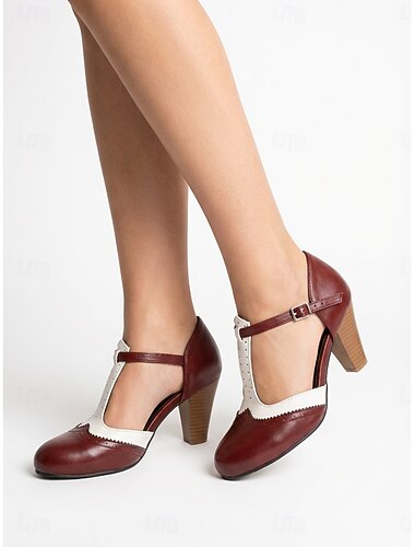  décolleté da donna con cinturino a T in stile retrò anni '50: eleganti mary jane bicolore con punta a coda di rondine e tacco a blocco per feste vintage ed eventi rockabilly &abbigliamento quotidiano