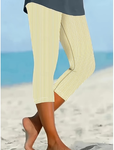 Dámské Kalhoty chinos Legíny Společenské oblečení prázdniny Vinobraní Šik ven Capris Vysoký pas Grafika Proužek Potisk Pohodlné Yumuşak Vysoká pružnost Denní Venkovní Dovolená Žlutá Léto Jaro Podzim