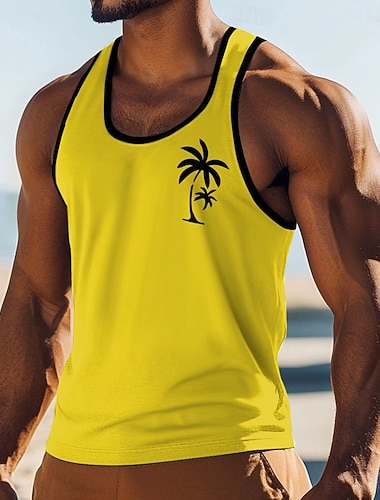  menns tvilling palmesilhuett grafisk tropisk hawaiisk minimalistisk gul tanktopp vest ermeløs skjorte u-hals sommer strandferie ferie treningsstudio sport fritidsklær s m l xl xxl xxxl