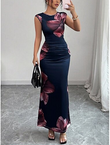  Damen Maxikleid Satinkleid Bodycon Blumenkleid Druckkleid Elegant Mode Modern Outdoor Urlaub Party Normale Passform Blumen Ärmellos Rundhalsausschnitt Marineblau Sommer Frühling
