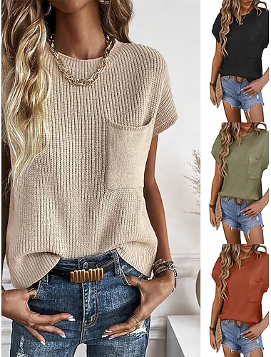  Damen Pullover Elegant Mode Streetwear Einfarbig Rundhalsausschnitt Gestrickt Kurze Ärmel Normale Oberteile Stricken Täglich Outdoor Wochenende Rot Braun Schwarz Sommer Frühling