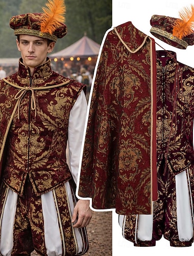  Rococo Victorienne Renaissance Cap Costume élégant Noble Tenue royale Ajusté & Évasé Déguisement Homme Fantaisie Halloween Carnaval Performance LARP Foire de la Renaissance Adulte Haut Pantalon Cape