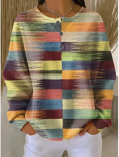  Mulheres Moletons Botões Gráfico Geométrica Bloco de cor Moda Casual Estampado Manga Longa Gola Redonda Decote Redondo Tops regulares Casual Rua Rosa Claro Rosa Verde Caqui Bege Verão Primavera Outono