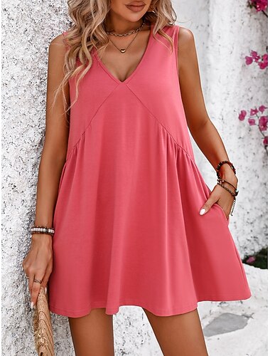  Damen Minikleid Kunstbaumwollleinen Shiftkleid Sommerkleid Freizeitkleid Mode Modern Outdoor Urlaub Ausgehen Normale Passform Einfach Ärmellos V Ausschnitt Schwarz Rosa Armeegrün Violett Sommer