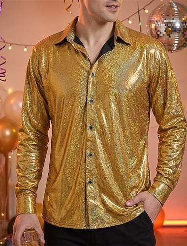  Discoteca Anos 80 Metálico Brilhante Blusa / Camisa Baile de Máscara Manga Comprida Discoteca Fantasia Homens Fantasia de Carnaval Carnaval Festa / Noite Parada do Orgulho Mês do Orgulho Adulto Camisa