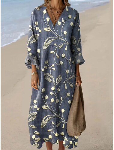  בגדי ריקוד נשים שמלת מידי שמלת שיפט שמלת קיץ חופשה יום יומי חוף ליציאה מונח בצורה רפויה פרחוני גראפי שרוול ארוך צווארון V פול שחור כחול נייבי קיץ אביב סתיו
