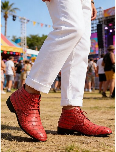  Bottes habillées rouges pour hommes, en similicuir élégant, à lacets, confortables et tendance, idéales pour les festivals, les concerts et les événements en plein air.