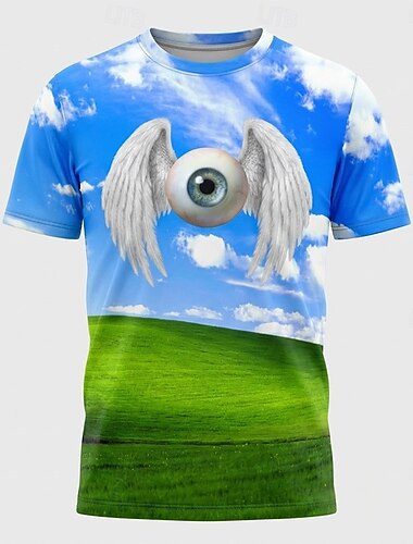  Herren-T-Shirt „Dreamcore“ mit Engelsflügeln, Augapfel-3D-Grafikdruck, surrealem Himmel- und grünem Hügel-Design, Weirdcore-Ästhetik, Größen: S, M, L, XL, XXL, XXXL