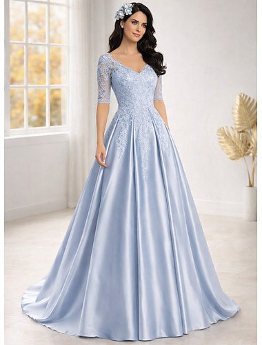  Jurkje Vloerlengte Gast voor de bruiloft Jurk Formele Jurken Flare Jurk Moeder van de bruid Jurk Korte Mouw V Neck Elegant Vintage Gast voor de bruiloft met Effen Kleur