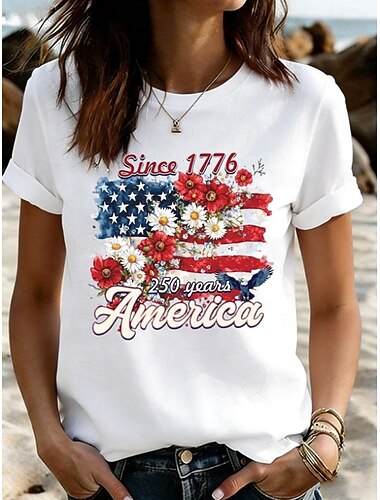  Amerikaanse onafhankelijkheidsdag Dames T-shirt Afdrukken Grafisch Brief Amerikaanse vlag Vintage Stijlvol Klassiek Korte mouw Strakke ronde hals Normale tops Dagelijks Zwart Wit Zomer Lente