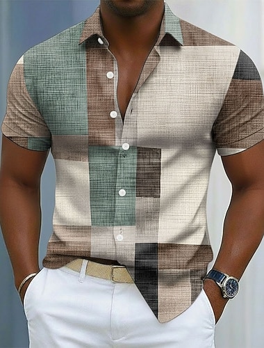  Herren Geometrisch Farbblock Patchwork Hemd Knopfhemd Kurzarm Modisch lässig Täglich Outdoor Urlaub Sommer Frühling Umlegekragen 3D-Druck Leinenähnliches Hemd Blau Purpur Grün Khaki