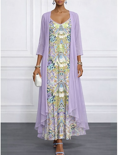  Damen Kleid-Set A Linie Kleid Urlaub Lässig Blumen Grafik Geschichtet Druck Maxikleid Dreiviertelarm V Ausschnitt Täglich Strand Purpur Grün Khaki Sommer Frühling Normale Passform