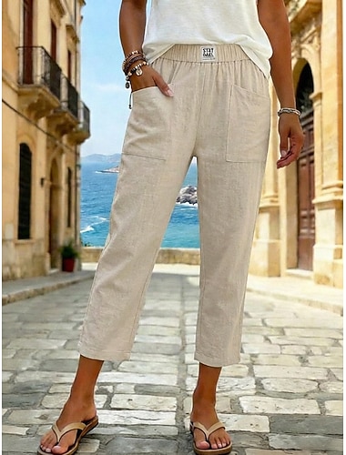  Damen Hose aus Baumwollleinen Sommerhose Abgeschnittene Hose Strandhose Urlaub Klassisch Knöchellang Mittlere Taille Tasche Baggy Elastisches Kordelzugdesign Komfort Atmungsaktivität Weich