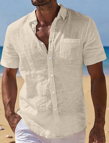  בגדי ריקוד גברים חולצת פשתן חולצת קיץ ביגוד חוף חולצה עם כפתורים אחיד קזו'אל חופשה שחור לבן כחול נייבי כחול סקיי שרוולים קצרים צווארון מתקפל קיץ ביגוד כיס