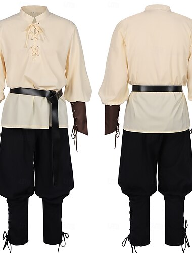  العصور الوسطى عصر النهضة يتوهم زي أكمام طويلة قرصان الفايكينج ملابس تنكرية رجالي الفايكينج قرصان عيد الرعب مهرجان أداء LARP رن فير للبالغين قميص بنطلونات حزام