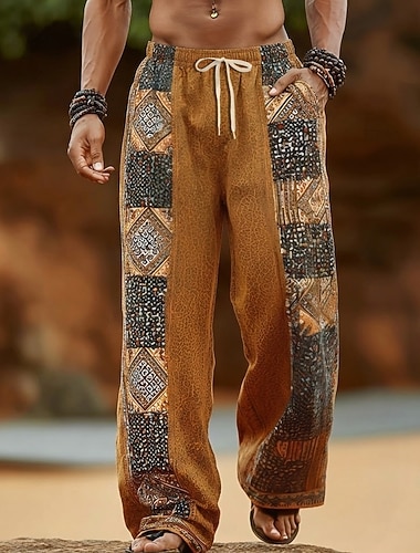  Homens Geométrica Bloco de cor Étnico Calças Calças largas Calça casual Cintura Média Boho Vintage retrô Casa Ao ar livre Férias Cintura elástica com cordão Calças de linho com bolsos Verão Primavera