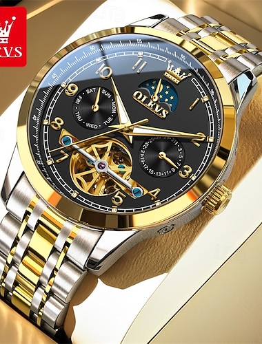  Novo relógio masculino da marca Olevs, para uso profissional, com calendário luminoso, indicador de fases da lua e dia da semana. Relógio mecânico totalmente automático com múltiplas funções, elegante