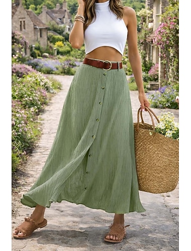  Damen Mode Küsten-Oma-Stil Sommer Maxi Röcke Einfarbig Geteilt Täglich Urlaub Schwarz Weiß Marineblau Orange Herbst Polyester