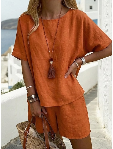  Mujer Conjuntos de dos piezas Camiseta Lino de algodón sintético Media Manga Pantalones cortos Cuello Barco Color puro Bolsillo Sencillo Básico Diario Calle Azul Piscina Negro Morado Verano